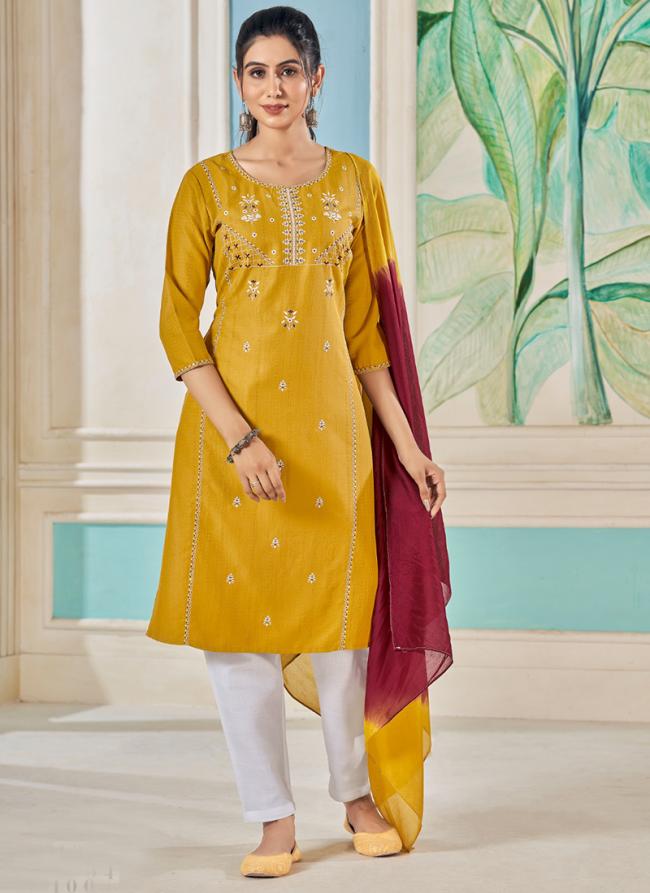 Pure Viscose Yellow Festival Wear Embroidery Work Readymade Kurti Set